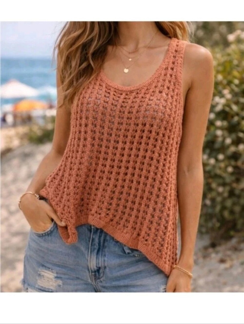 Aeropostale Chunky Knit Tank Top Salmon Crochet Boho Size Small